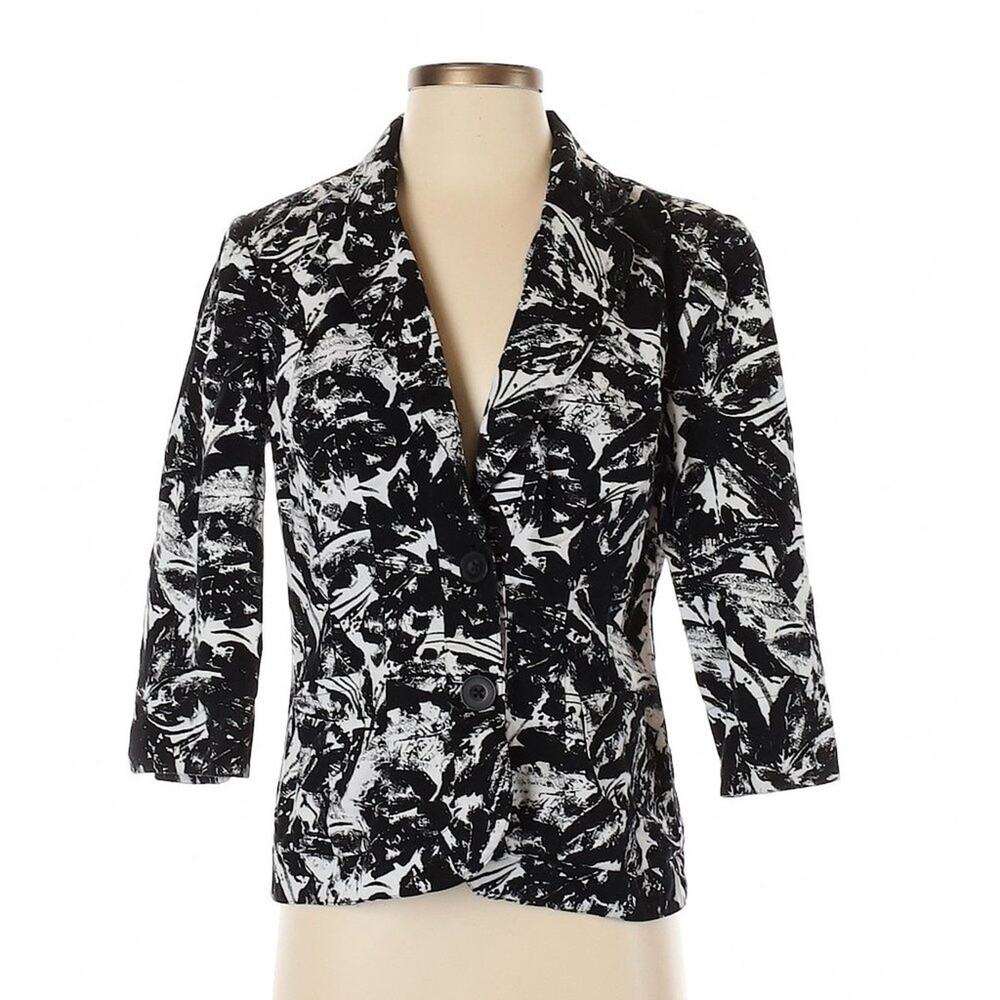 Coldwater Creek Cotton Blazer Marble Pattern Three-Quarter Sleeves Pockets Sz 4